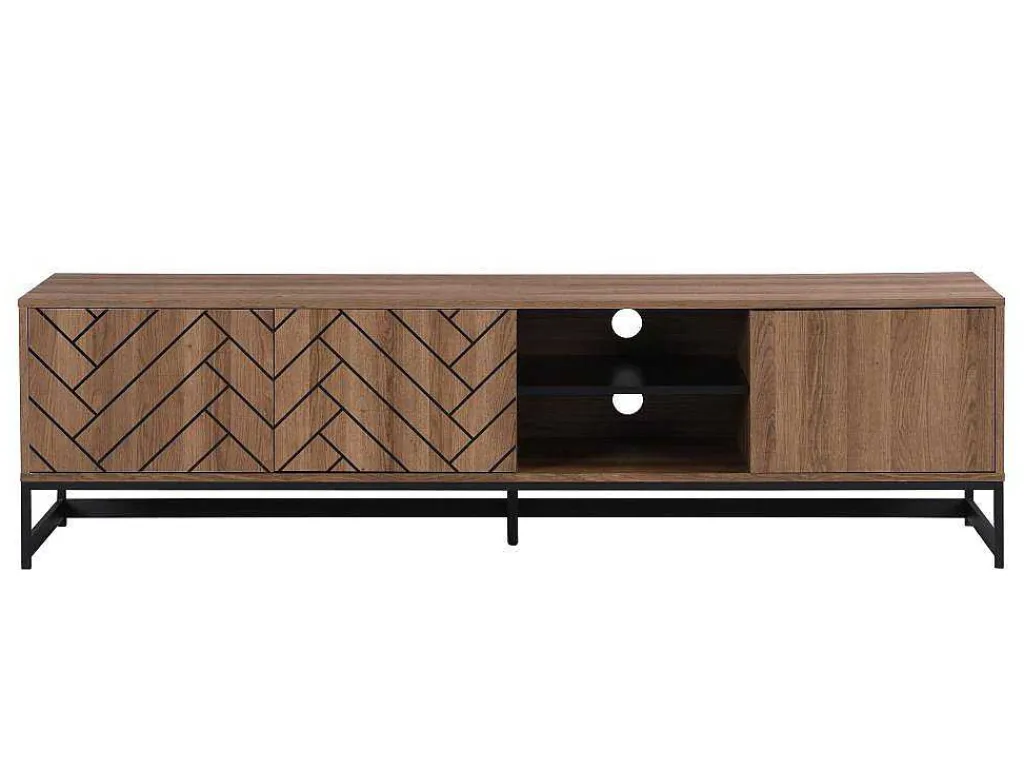 Tv-Meubel Met 3 Deuren En 2 Nissen - Mdf - Naturel En Zwart - Caratana-Vente-unique Online