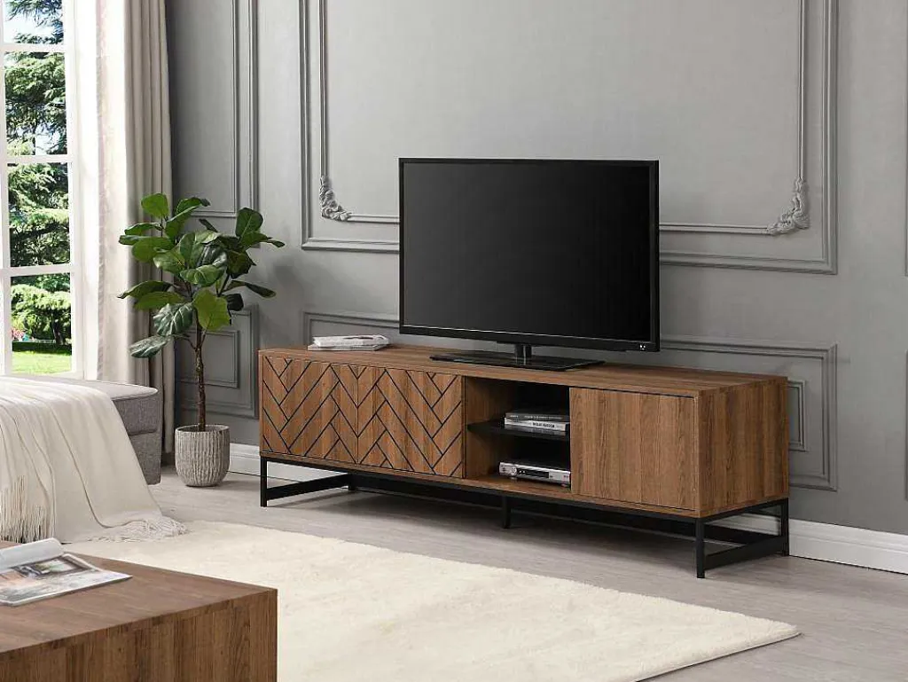 Tv-Meubel Met 3 Deuren En 2 Nissen - Mdf - Naturel En Zwart - Caratana-Vente-unique Online