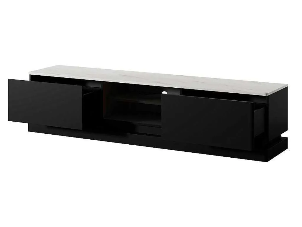 Tv-Meubel Met 2 Lades En 2 Nissen Met Ledverlichting Van Mdf - Zwart Met Wit Marmereffect - Devika - Van-PASCAL MORABITO