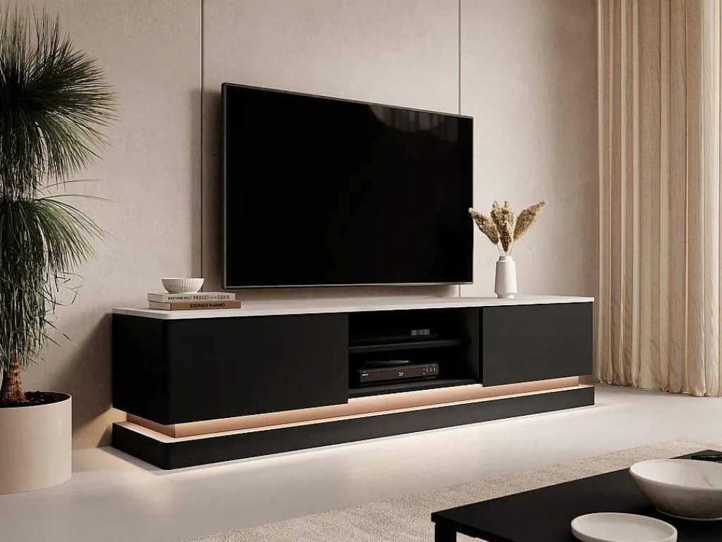 Tv-Meubel Met 2 Lades En 2 Nissen Met Ledverlichting Van Mdf - Zwart Met Wit Marmereffect - Devika - Van-PASCAL MORABITO