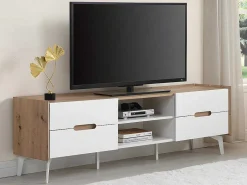 Tv-Meubel Met 4 Lades En 2 Nissen - Mdf & Metaal - Witgelakt & Naturelkleur - Cayana-Vente-unique Clearance