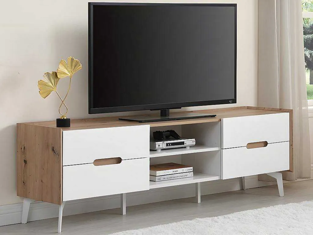 Tv-Meubel Met 4 Lades En 2 Nissen - Mdf & Metaal - Witgelakt & Naturelkleur - Cayana-Vente-unique Clearance