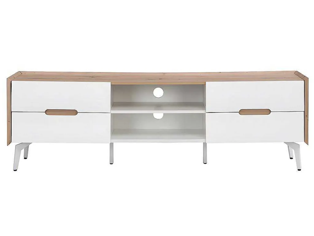 Tv-Meubel Met 4 Lades En 2 Nissen - Mdf & Metaal - Witgelakt & Naturelkleur - Cayana-Vente-unique Clearance
