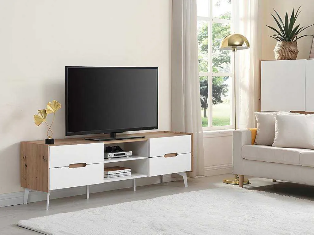 Tv-Meubel Met 4 Lades En 2 Nissen - Mdf & Metaal - Witgelakt & Naturelkleur - Cayana-Vente-unique Clearance