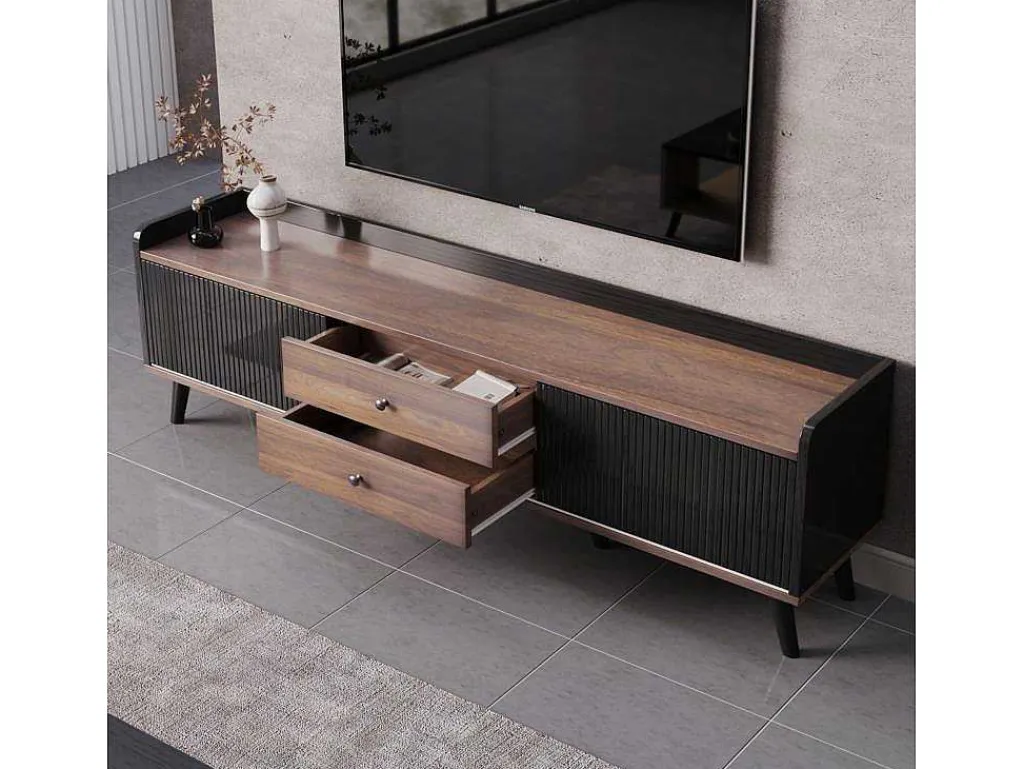 Tv-Meubel Met 2 Lades En 2 Schuifdeuren - Moderne Stijl - Kleuren: Zwart En Naturel-Vente-unique Online