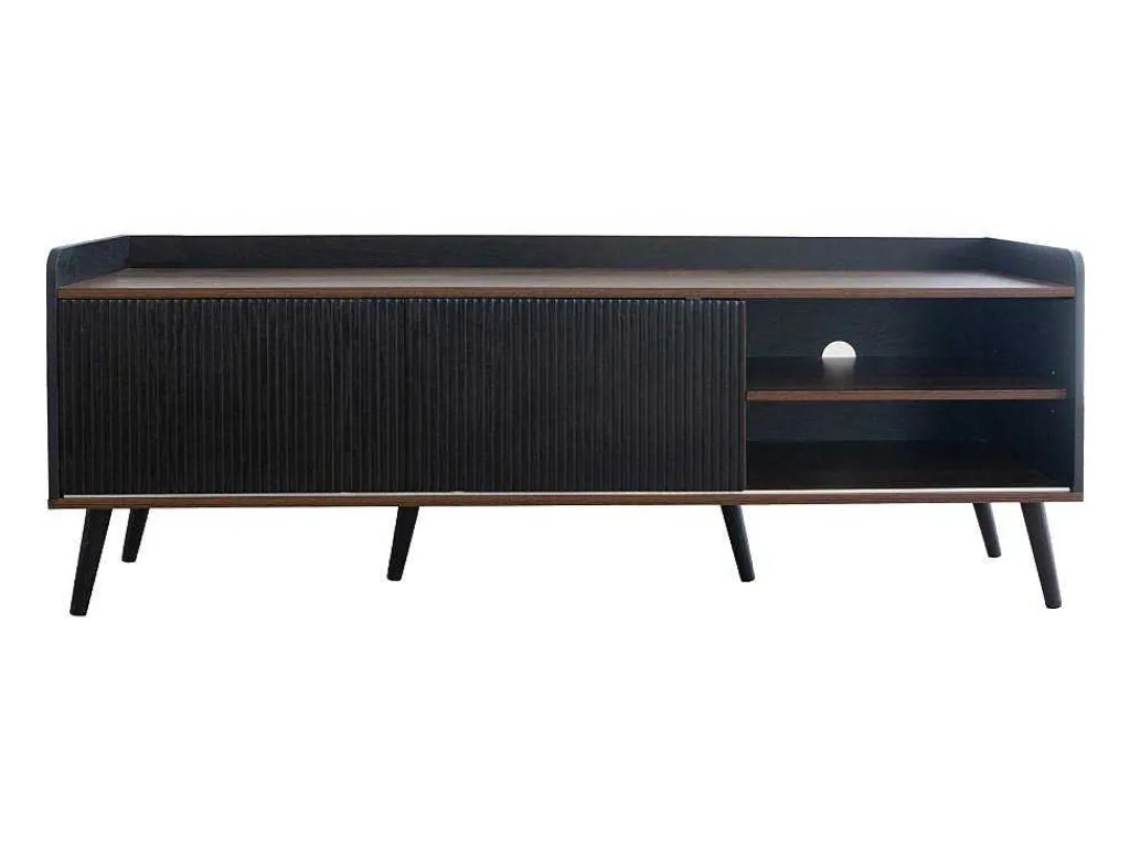 Tv-Meubel Met 2 Lades En 2 Schuifdeuren - Moderne Stijl - Kleuren: Zwart En Naturel-Vente-unique Online