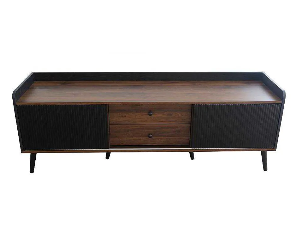 Tv-Meubel Met 2 Lades En 2 Schuifdeuren - Moderne Stijl - Kleuren: Zwart En Naturel-Vente-unique Online