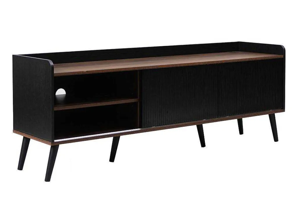 Tv-Meubel Met 2 Lades En 2 Schuifdeuren - Moderne Stijl - Kleuren: Zwart En Naturel-Vente-unique Online
