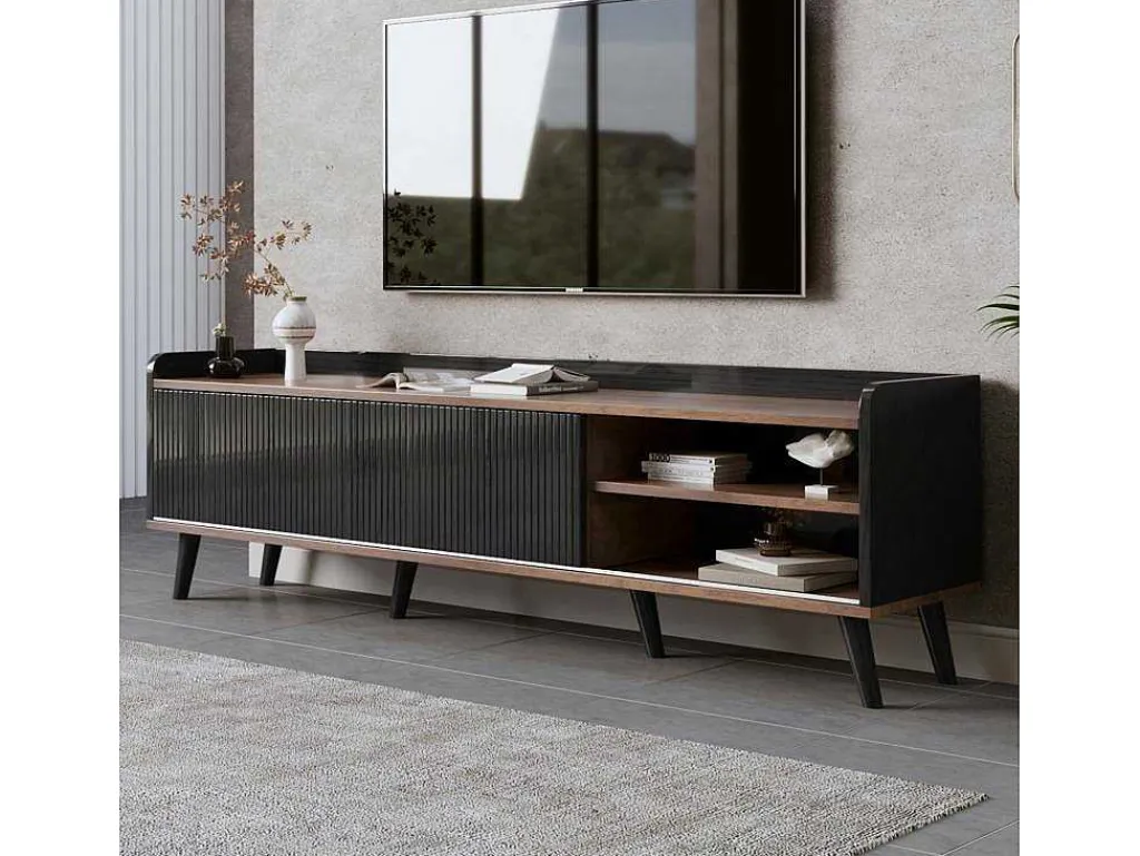 Tv-Meubel Met 2 Lades En 2 Schuifdeuren - Moderne Stijl - Kleuren: Zwart En Naturel-Vente-unique Online