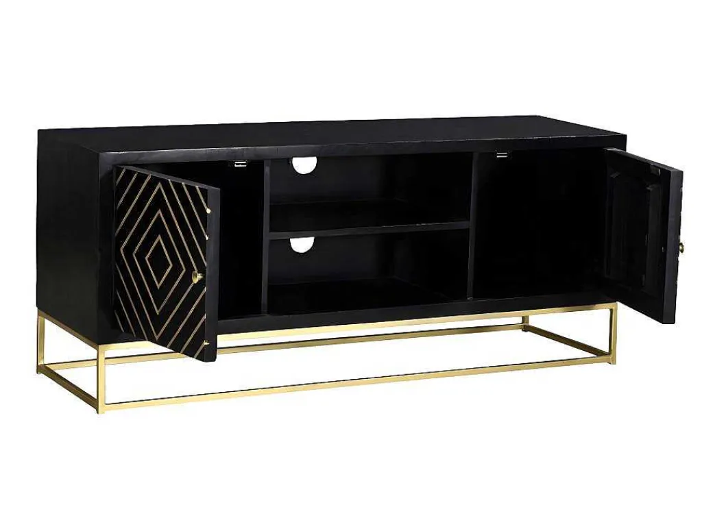 Tv-Meubel Prismin - 2 Deuren En 2 Laden - Mango En Metaal - Zwart-Vente-unique Best