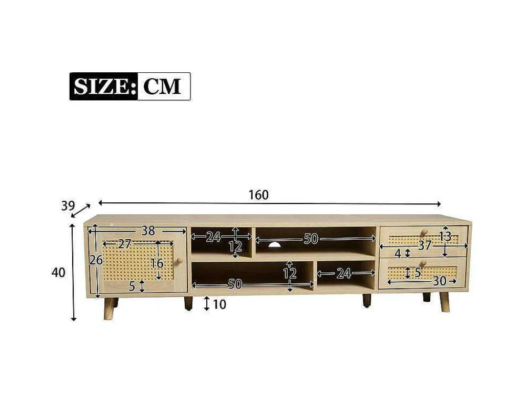 Tv-Meubel Van 160 Cm - 1 Deur, 2 Laden En 4 Vakken - Naturel-ModernLuxe Discount