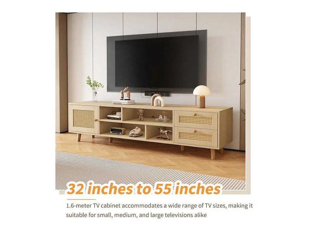 Tv-Meubel Van 160 Cm - 1 Deur, 2 Laden En 4 Vakken - Naturel-ModernLuxe Discount