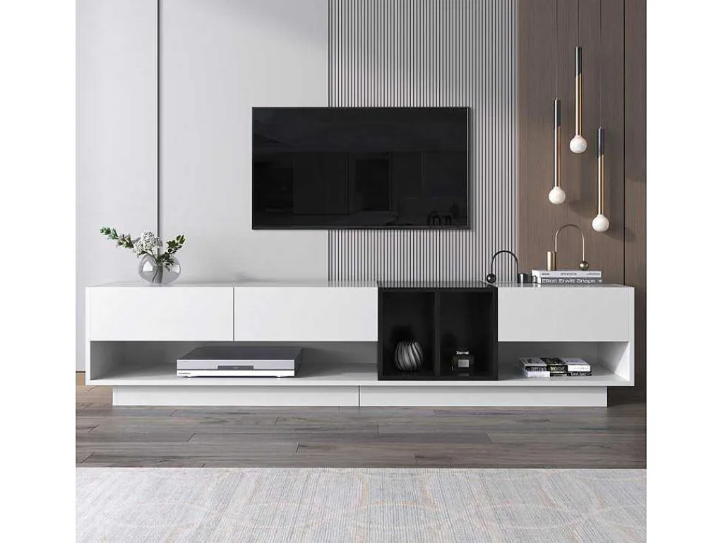 Tv-Meubel Van 190 Cm - 3 Laden En 4 Nissen - Spaanplaat - Kleuren Wit En Zwart-Vente-unique New