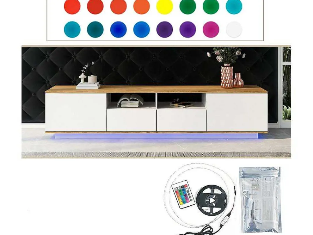 Tv-Meubel Van 180 Cm Met Led - 2 Laden En 2 Open Planken - Eigentijdse Scandinavische Stijl - Wit-ModernLuxe New