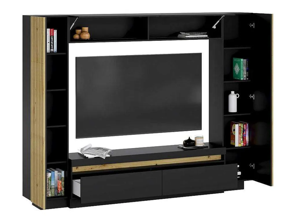 Tv-Wand Met Opbergruimte - Ledverlichting - Zwart En Naturel - Lionea-Vente-unique New