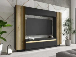 Tv-Wand Met Opbergruimte - Ledverlichting - Zwart En Naturel - Lionea-Vente-unique New