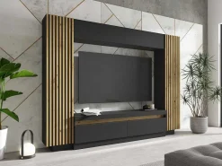 Tv-Wand Met Opbergruimte - Ledverlichting - Zwart En Naturel - Lionea-Vente-unique New