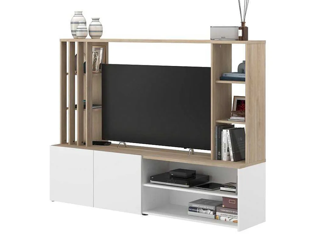 Tv-Wand Met Opbergruimte - Naturel En Wit - Gorbella-Vente-unique New