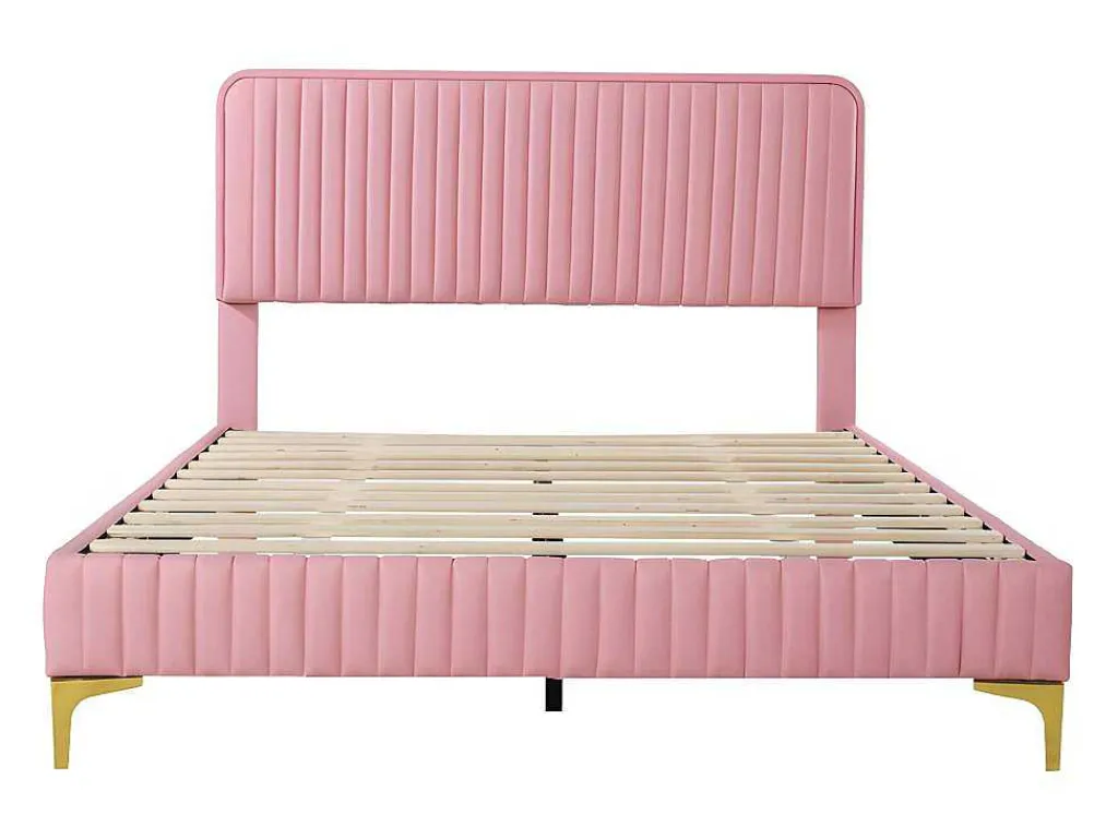 Tweepersoonsbed Gestoffeerd In Kunstleer 140X200Cm - In Hoogte Verstelbaar Hoofdbord - Met Lattenbodem - Roze (Zonder Matras)-ModernLuxe Best