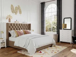 Tweepersoonsbed Massimo Gestoffeerd Met Capitons - 160 X 200 Cm - Beige - Stof-Vente-unique Discount