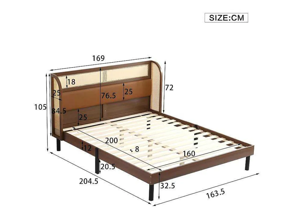Tweepersoonsbed 160X200Cm - Met Kunstleer En Pvc Rotan Kussens - Met Houten Lattenbodem - Bruin-ModernLuxe Best