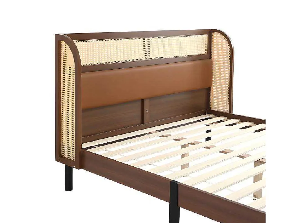 Tweepersoonsbed 160X200Cm - Met Kunstleer En Pvc Rotan Kussens - Met Houten Lattenbodem - Bruin-ModernLuxe Best