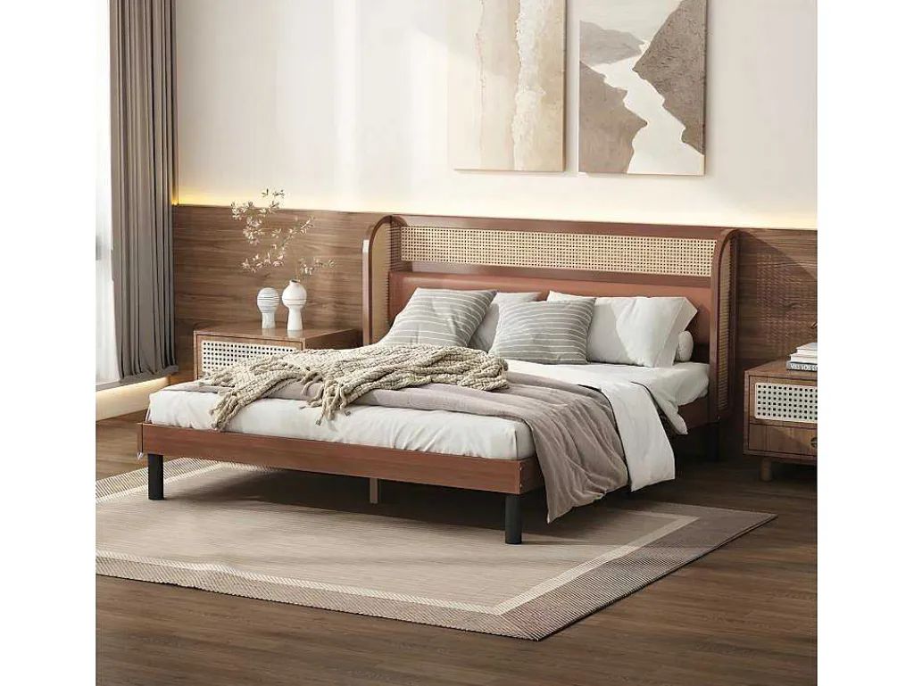 Tweepersoonsbed 160X200Cm - Met Kunstleer En Pvc Rotan Kussens - Met Houten Lattenbodem - Bruin-ModernLuxe Best