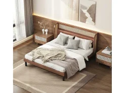 Tweepersoonsbed 160X200Cm - Met Kunstleer En Pvc Rotan Kussens - Met Houten Lattenbodem - Bruin-ModernLuxe Best