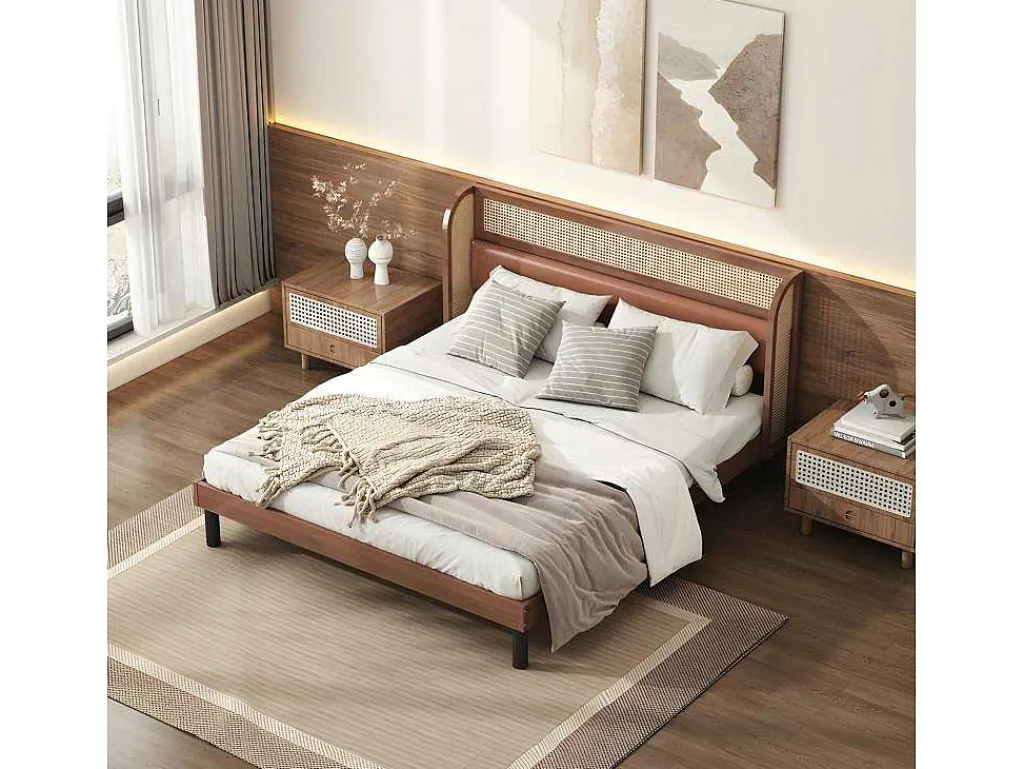 Tweepersoonsbed 160X200Cm - Met Kunstleer En Pvc Rotan Kussens - Met Houten Lattenbodem - Bruin-ModernLuxe Best