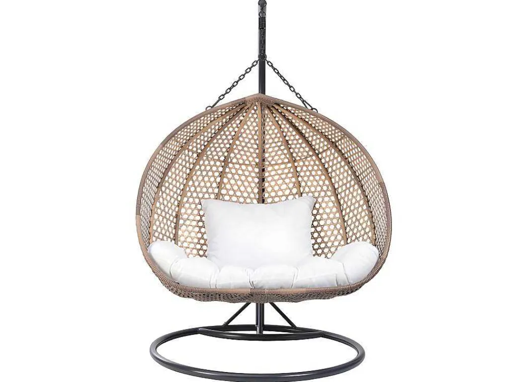 Tweezits Hangstoel Van Beige Gevlochten Hars Met Wit Kussen - Vahina-MYLIA Sale