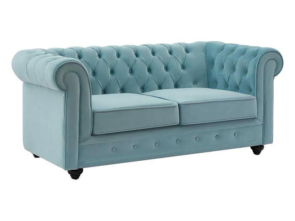 Tweezitsbank Van Pastelblauw Velours Chesterfield-Vente-unique Outlet