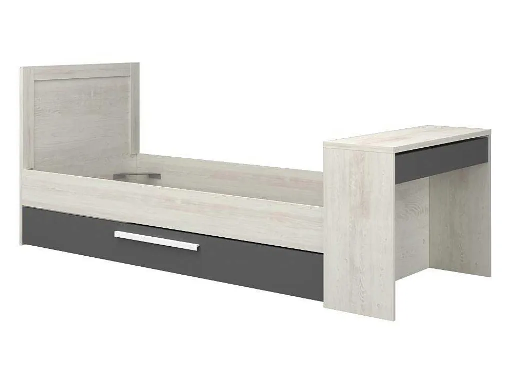 Uitschuifbaar Bed 2 X 90 X 200 Cm - Met Bureau - Kleur: Naturel En Antraciet + Bedbodem - Vouani-Vente-unique Hot