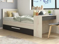 Uitschuifbaar Bed 2 X 90 X 200 Cm - Met Bureau - Kleur: Naturel En Antraciet + Bedbodem - Vouani-Vente-unique Hot