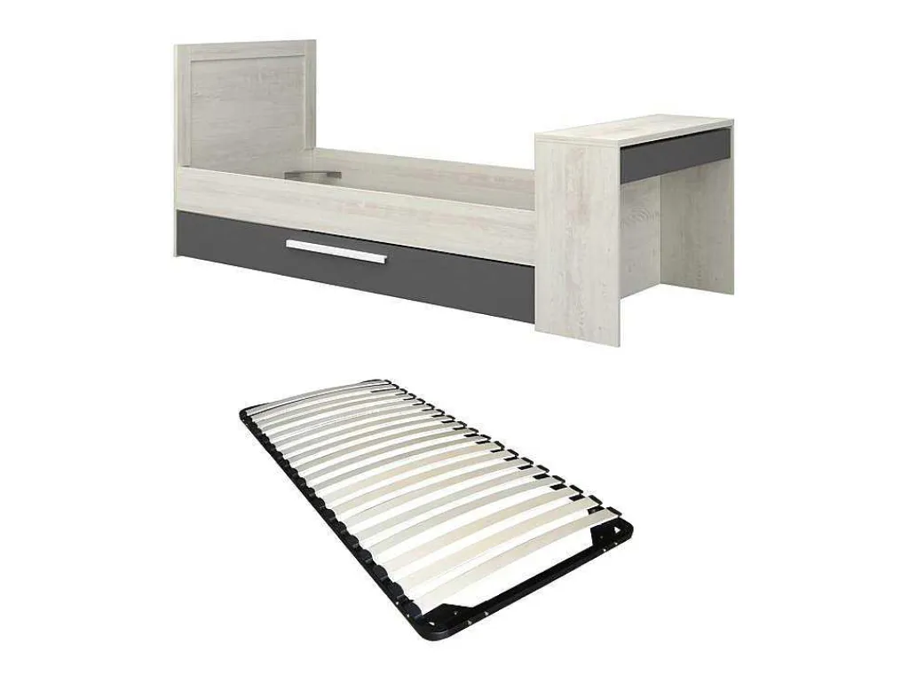 Uitschuifbaar Bed 2 X 90 X 200 Cm - Met Bureau - Kleur: Naturel En Antraciet + Bedbodem - Vouani-Vente-unique Hot