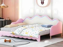 Uitschuifbaar Onderschuifbed 90(180)X190 Cm - In Kunstleer - Met Led-Verlichting En Lattenbodem - Roze-ModernLuxe Online