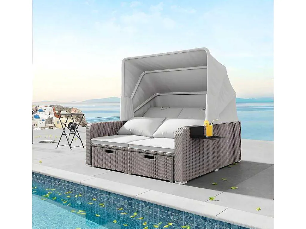 Uitschuifbaar Tuinmeubel - Pe Rotan Loungebank Met Verstelbare Luifel - Stalen Structuur - Taupe-ModernLuxe Discount