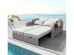 Uitschuifbaar Tuinmeubel - Pe Rotan Loungebank Met Verstelbare Luifel - Stalen Structuur - Taupe-ModernLuxe Discount
