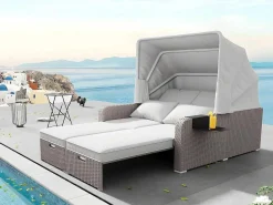 Uitschuifbaar Tuinmeubel - Pe Rotan Loungebank Met Verstelbare Luifel - Stalen Structuur - Taupe-ModernLuxe Discount