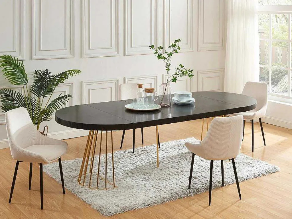 Uitschuifbare Eettafel 2 Tot 12 Plaatsen Van Mdf En Staal - Zwart En Goud - Firela-Vente-unique Hot