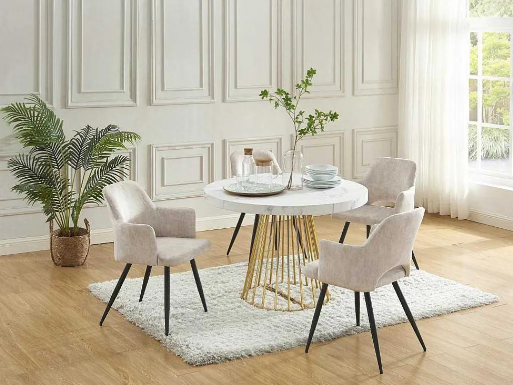 Uitschuifbare Eettafel 2 Tot 12 Plaatsen Van Mdf En Staal - Wit Marmereffect En Goud - Firela-Vente-unique Sale