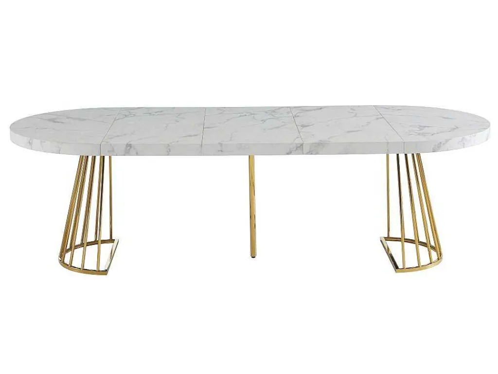 Uitschuifbare Eettafel 2 Tot 12 Plaatsen Van Mdf En Staal - Wit Marmereffect En Goud - Firela-Vente-unique Sale