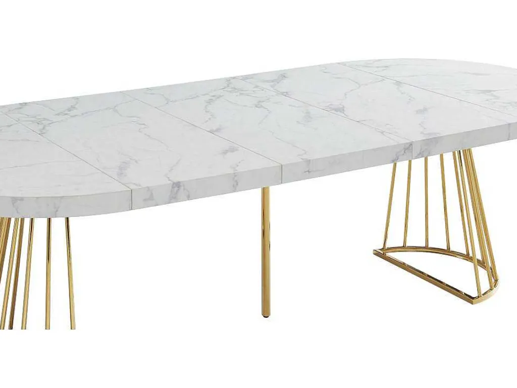 Uitschuifbare Eettafel 2 Tot 12 Plaatsen Van Mdf En Staal - Wit Marmereffect En Goud - Firela-Vente-unique Sale