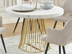 Uitschuifbare Eettafel 2 Tot 12 Plaatsen Van Mdf En Staal - Wit Marmereffect En Goud - Firela-Vente-unique Sale