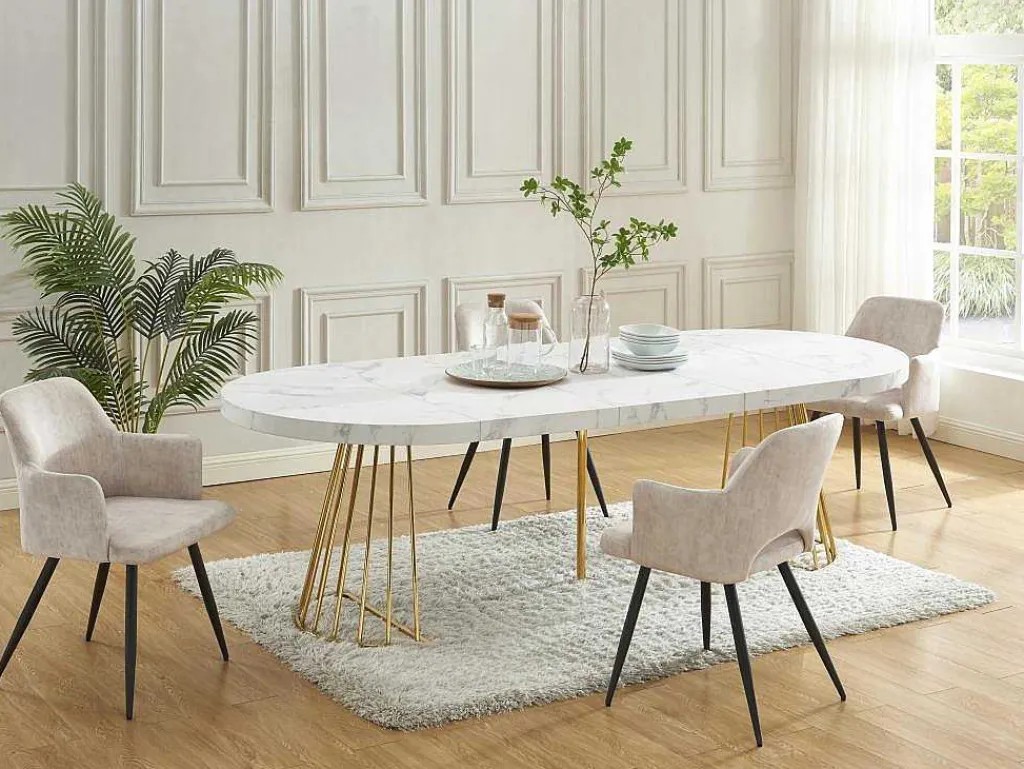 Uitschuifbare Eettafel 2 Tot 12 Plaatsen Van Mdf En Staal - Wit Marmereffect En Goud - Firela-Vente-unique Sale