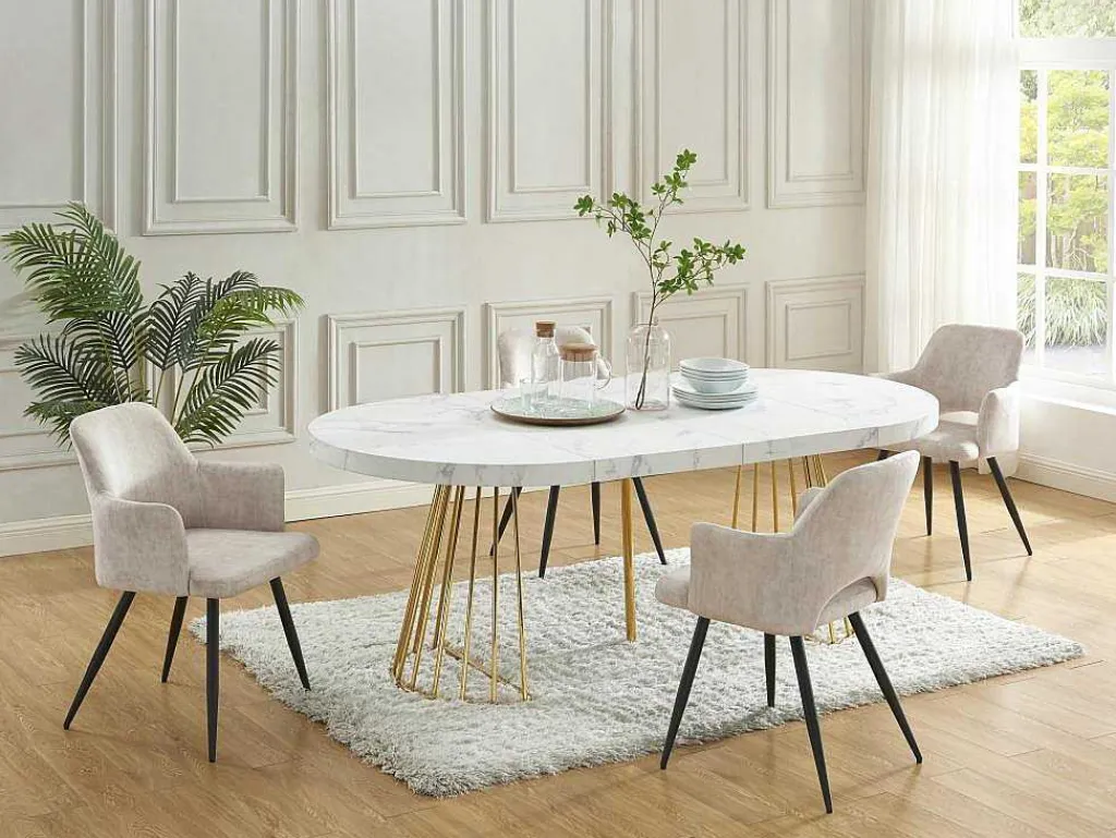Uitschuifbare Eettafel 2 Tot 12 Plaatsen Van Mdf En Staal - Wit Marmereffect En Goud - Firela-Vente-unique Sale