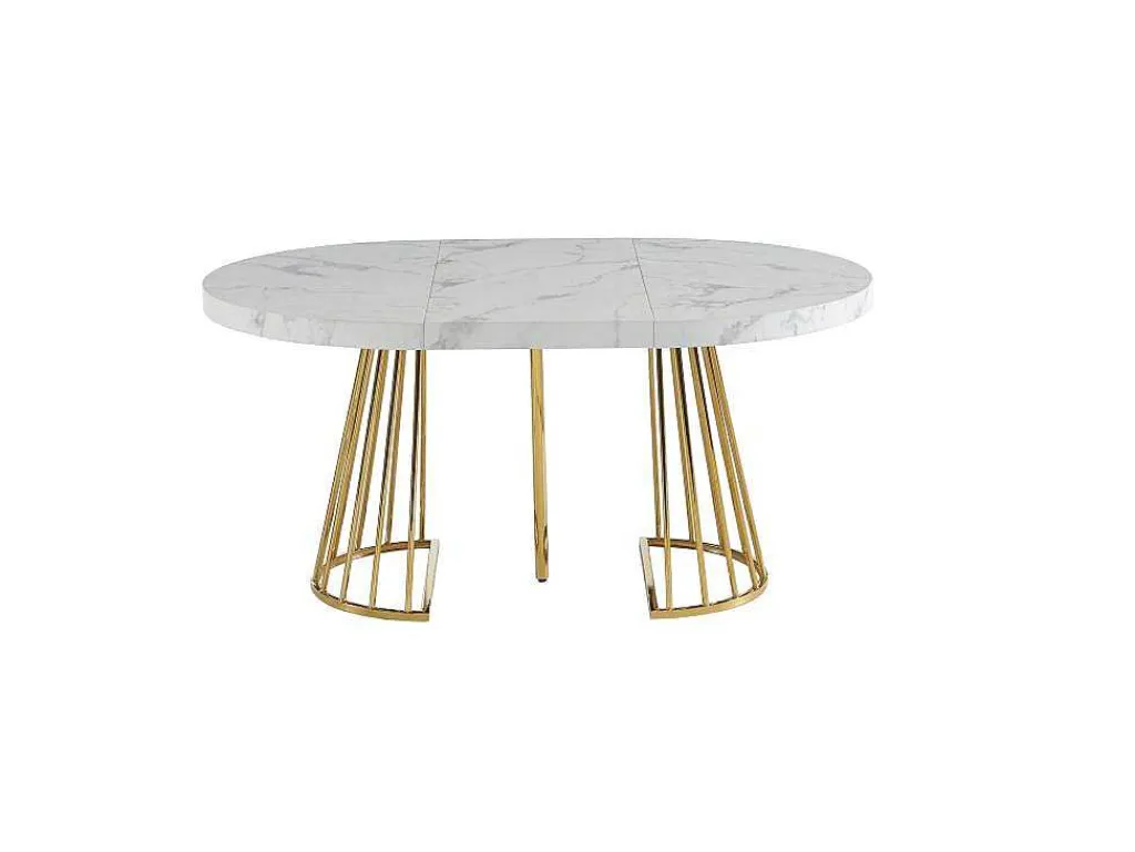 Uitschuifbare Eettafel 2 Tot 12 Plaatsen Van Mdf En Staal - Wit Marmereffect En Goud - Firela-Vente-unique Sale