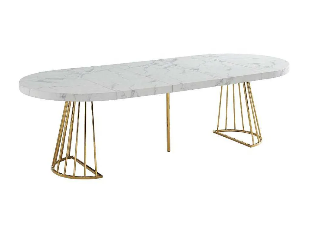 Uitschuifbare Eettafel 2 Tot 12 Plaatsen Van Mdf En Staal - Wit Marmereffect En Goud - Firela-Vente-unique Sale