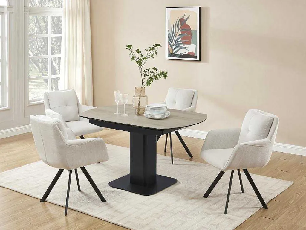 Uitschuifbare Eettafel Voor 4 Tot 8 Personen In Keramiek, Gehard Glas, Metaal En Mdf - Lichte Houtlook En Zwart - Taloza-Maison Céphy Hot