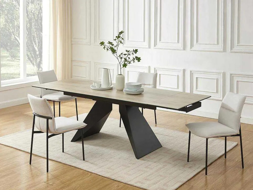 Uitschuifbare Eettafel Voor 6-10 Personen In Keramiek, Gehard Glas En Metaal - Lichte Houtlook En Zwart - Suniva-Maison Céphy Outlet