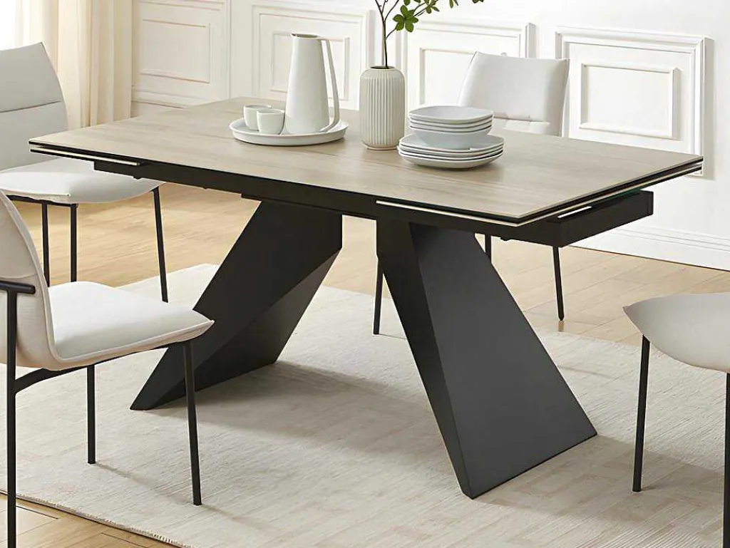 Uitschuifbare Eettafel Voor 6-10 Personen In Keramiek, Gehard Glas En Metaal - Lichte Houtlook En Zwart - Suniva-Maison Céphy Outlet